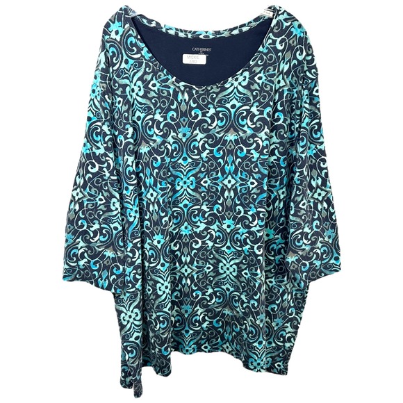 Catherines Plus Size 5X Top 34/36W Teal Blue Scroll Print 3/4 Sleeve Mature 1339 - Picture 1 of 9